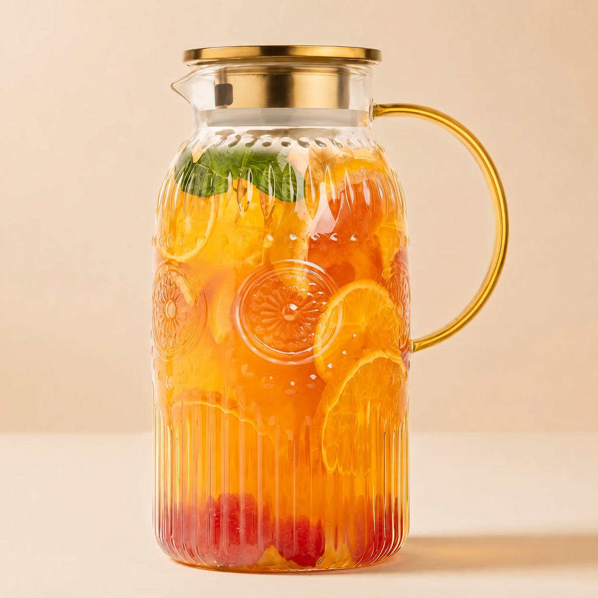 Gold vintage glass pitcher detail view